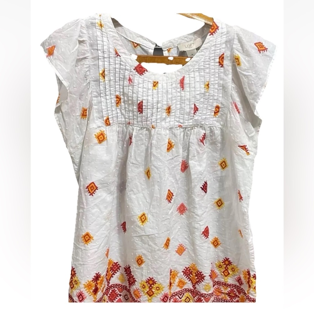 Women Ann Taylor LOFT Outlet Smocked Swiss Dots Blouse Shirt Top Ruffle M50